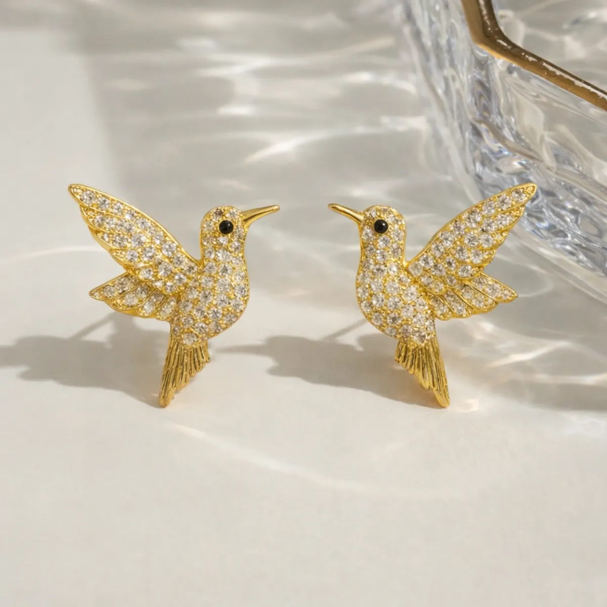 18K Gold-Plated Hummingbird Bird Stud Earrings with Zircon