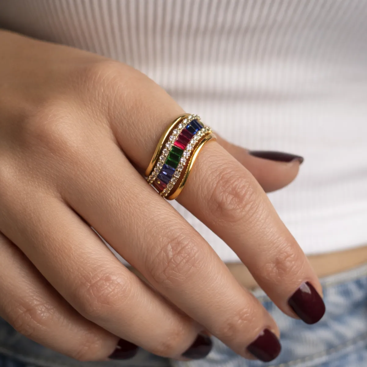 Baguette Multicolor Zirconia Adjustable Ring– 18K Gold Plated